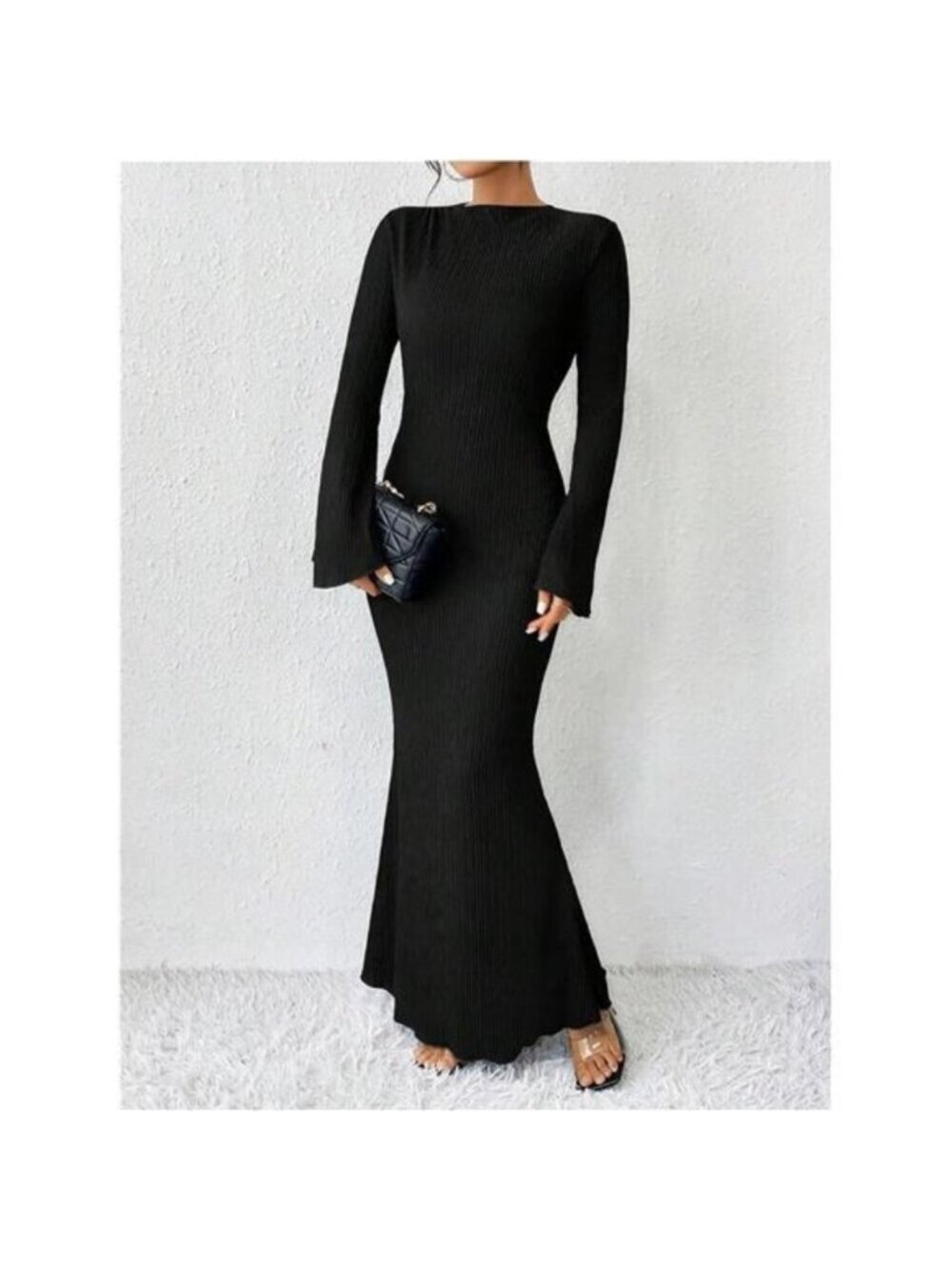 Women's Bell Long Sleeve Maxi Dress Crew Neck Bodycon Fishtail Long Dress - Picture 4 of 6